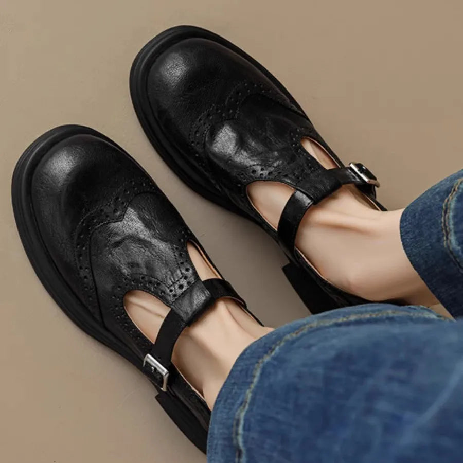 Lily classic women's leather T-strap shoes in neutral tones with vintage-inspired silhouette and elegant buckle detail