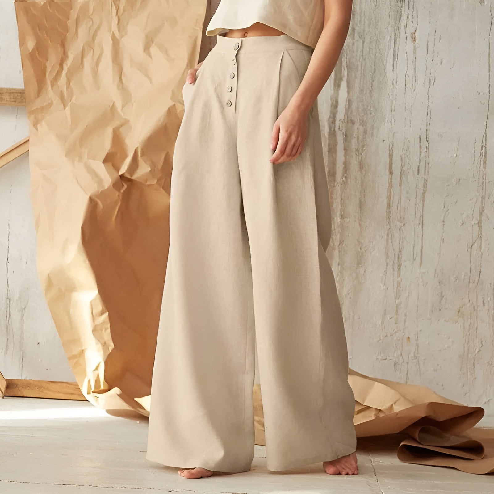 Jade wide-leg palazzo pants women high waist button-up linen cotton blend flowing silhouette