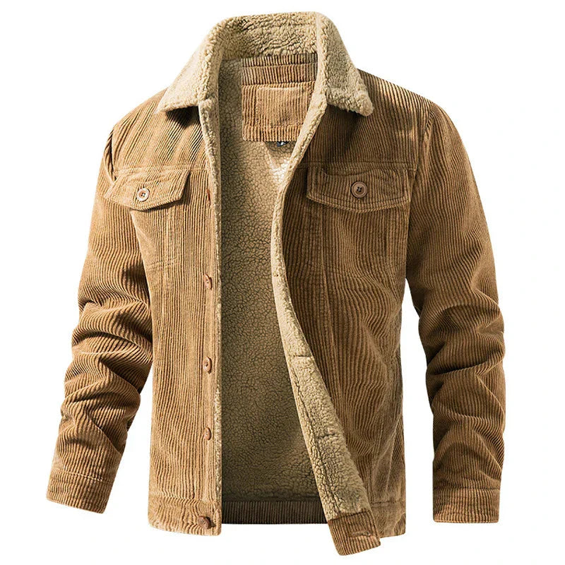 Men's brown corduroy collared fleece jacket casual fit with textured contrast collar