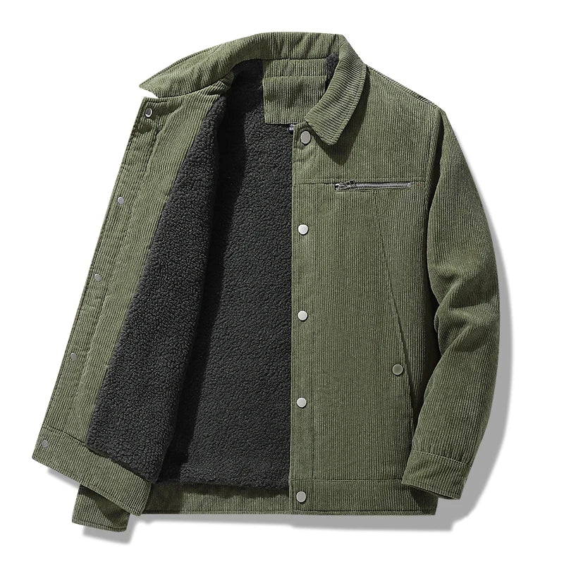 Ribbed corduroy jacket fleece-lined structured fit with metal hardware accents for smart casual style