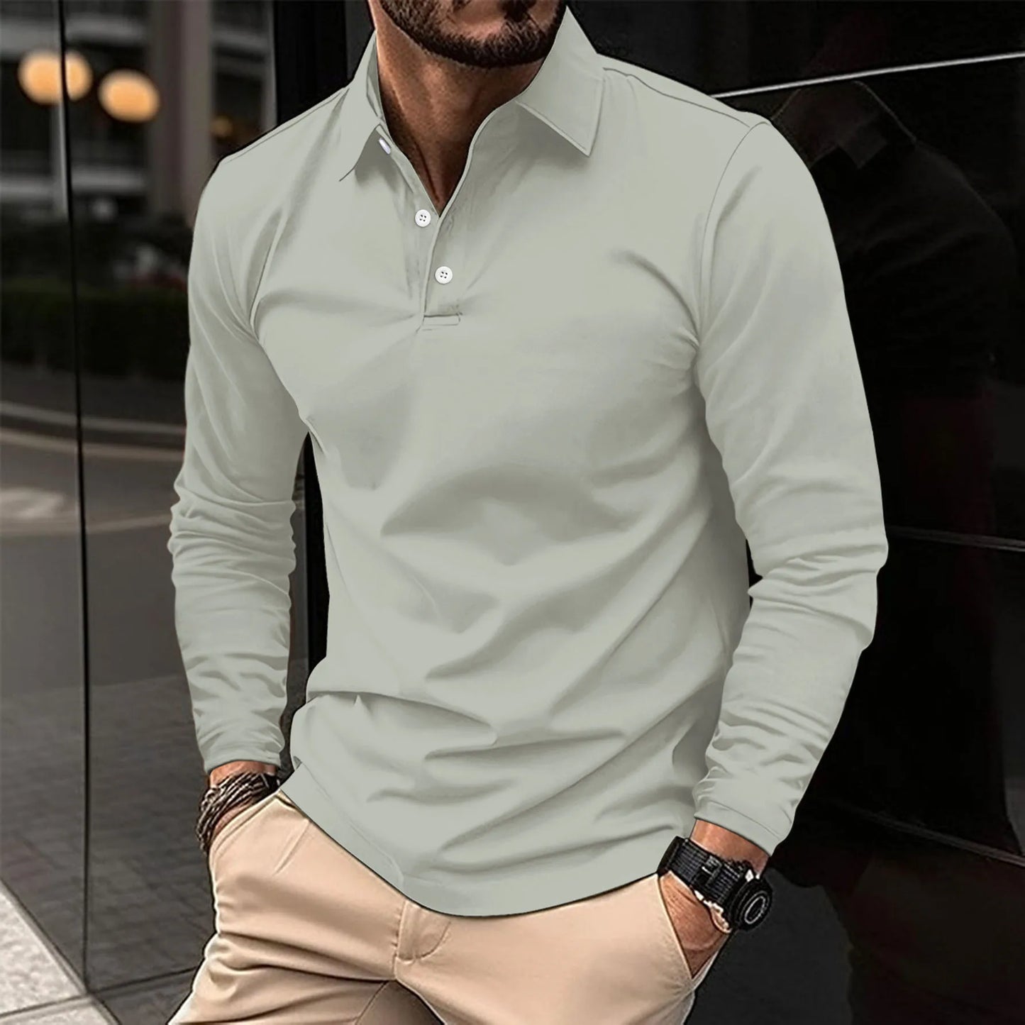 Navy blue tailored men's long sleeve polo shirt slim fit classic collar three-button placket