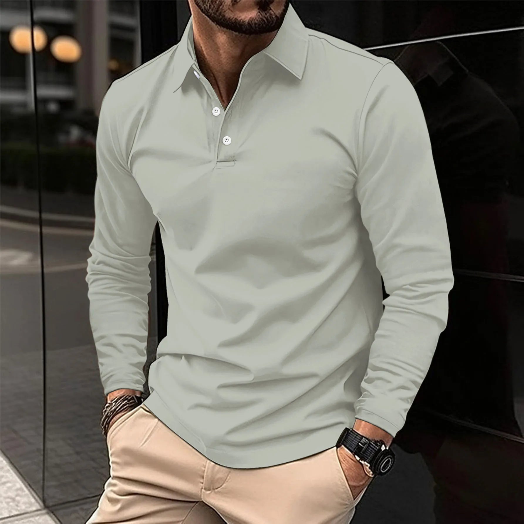 Navy blue tailored men's long sleeve polo shirt slim fit classic collar three-button placket