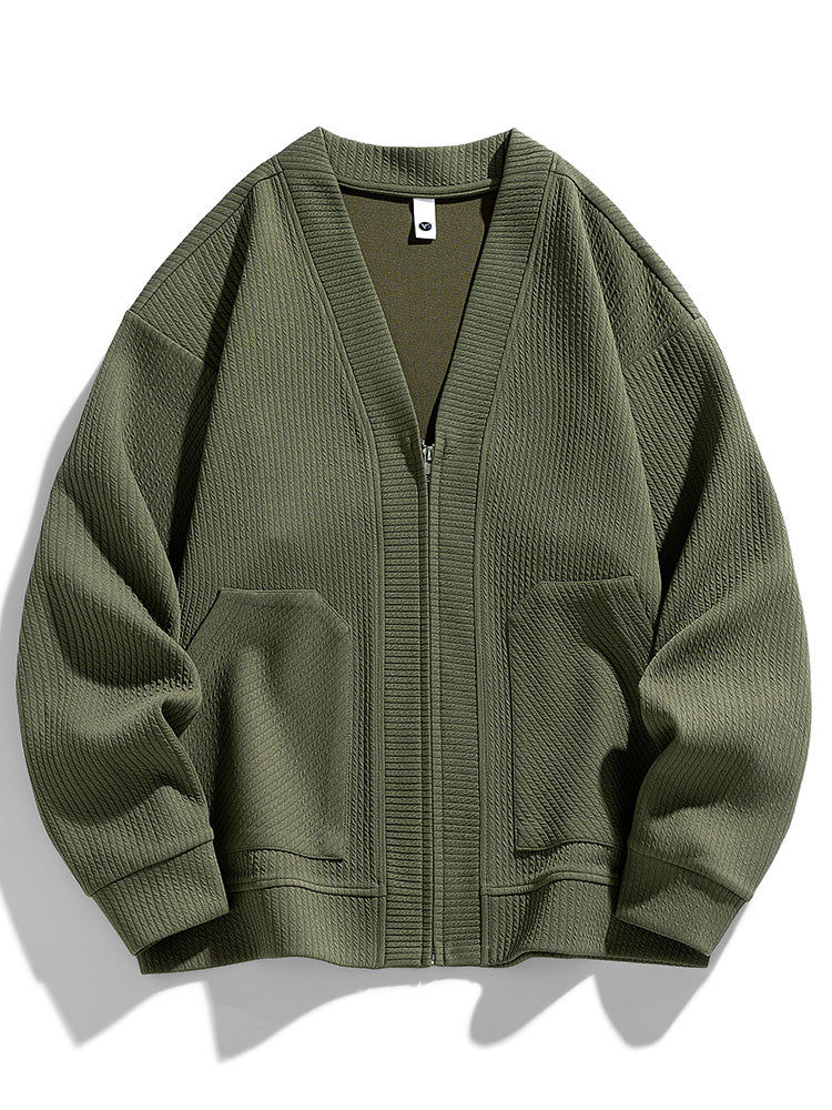 Oversized zip-up cardigan textured cotton blend relaxed fit sleek zip closure cool days