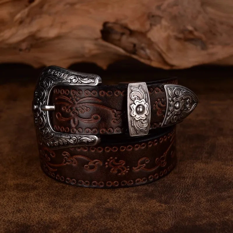 Men's brown genuine cowhide leather western belt with embossed detailing and steel buckle