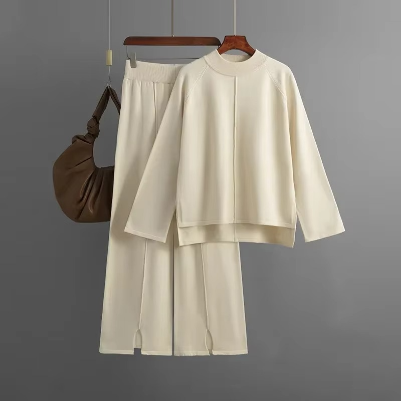 Women's cozy knit two-piece set, wide-leg pants and sweater in neutral tones, relaxed modern fit