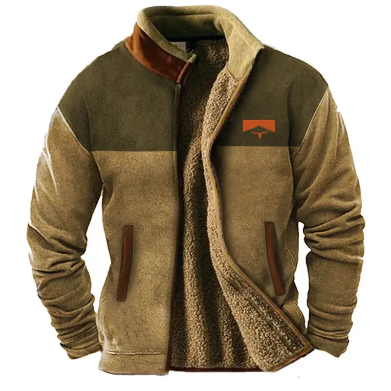 Men's relaxed fit color block fleece jacket with cozy warmth and modern everyday casual style