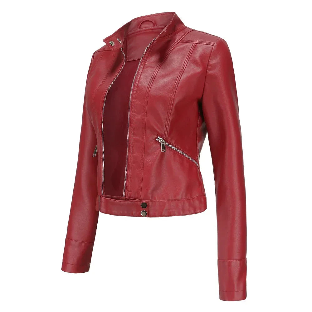 Women's black faux leather cropped jacket with stand collar, sleek slim fit for day-to-night style