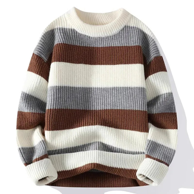 Striped rib knit sweater in bold horizontal pattern, relaxed casual fit with soft stretch fabric