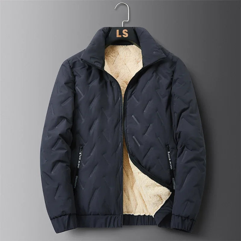 Men's navy blue insulated down ski jacket structured fit full zip winter coat