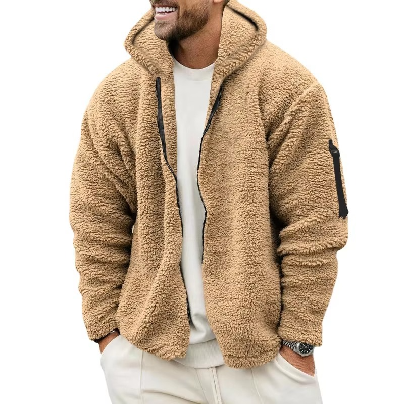 Men's reversible fleece hooded jacket two-tone cold weather outerwear with plush interior lining