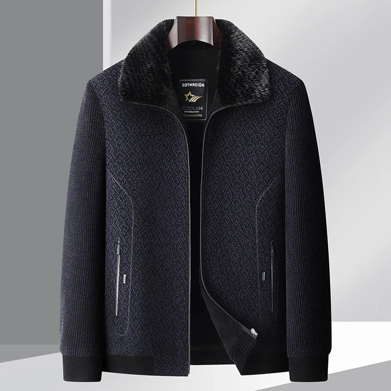 Black fur collar jacket with textured grid pattern fleece lining, sleek soft-structured silhouette
