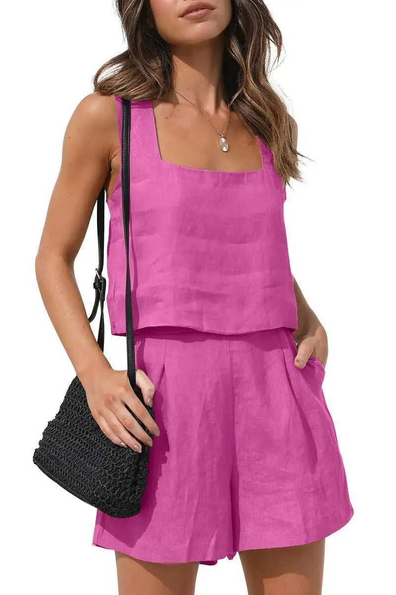 Women's beige linen summer set elegant relaxed fit breathable fabric chic two-piece style