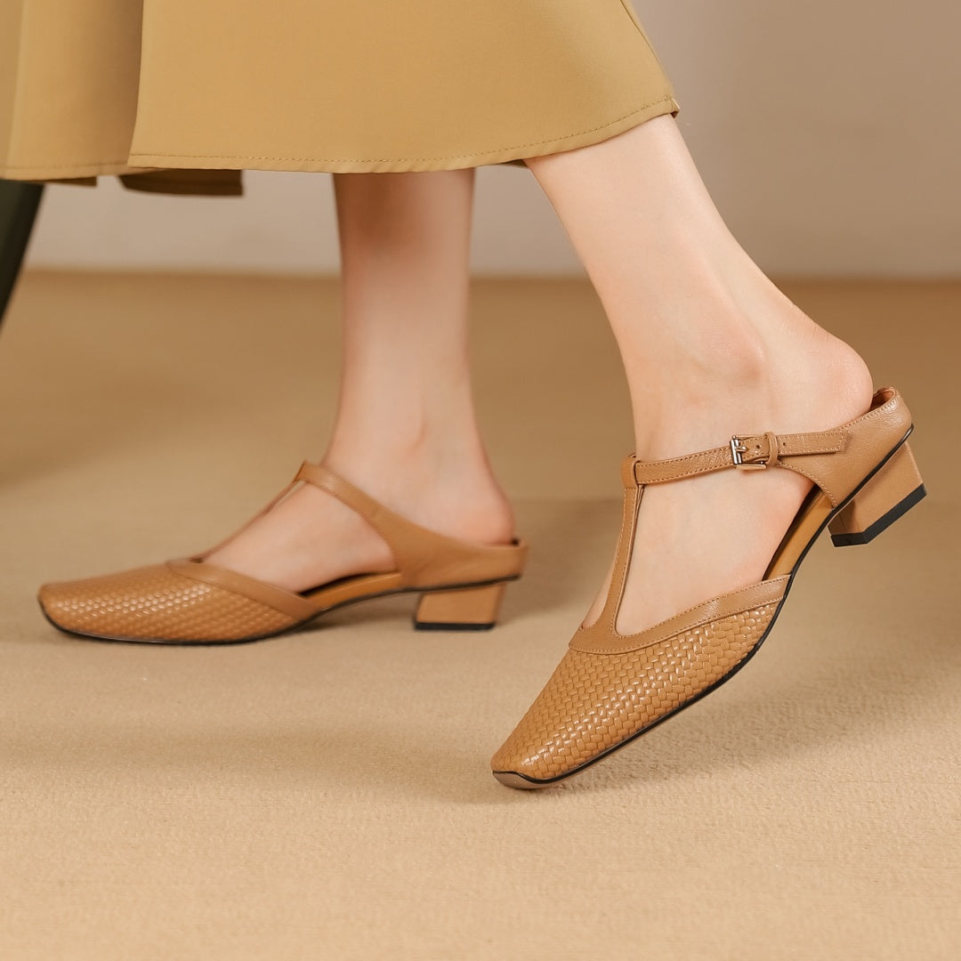 Women's genuine leather mules with woven texture upper, slip-on style, all-day comfort design