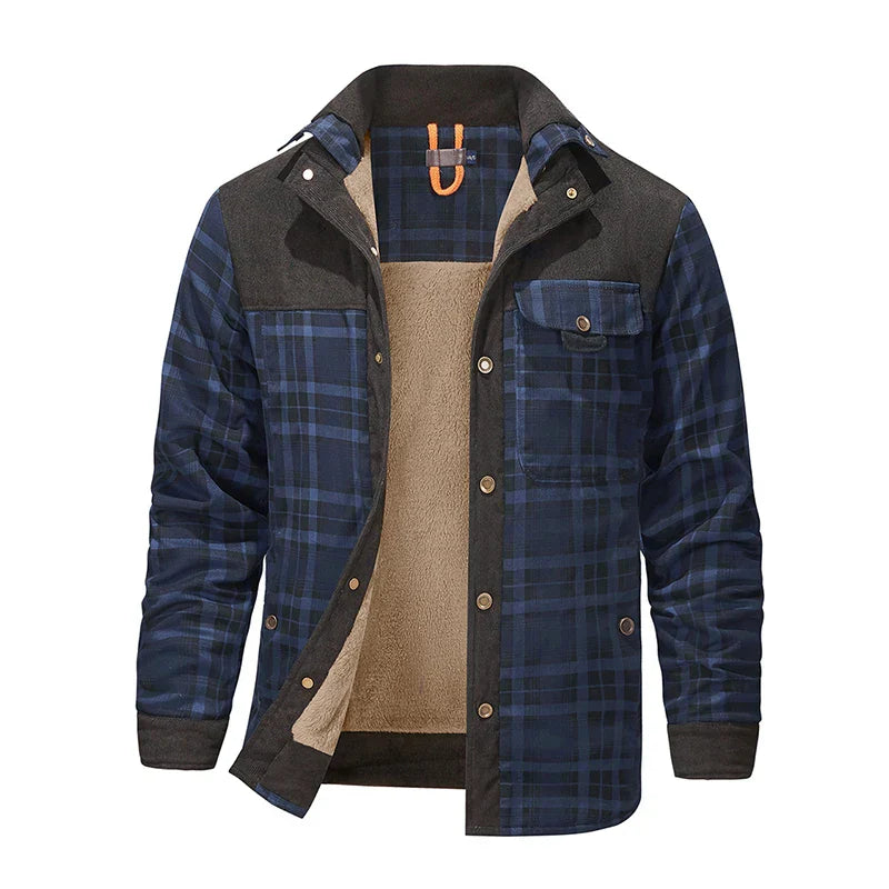 Men's plaid fleece-lined relaxed fit jacket with corduroy collar, button-front, hip-length casual warmth