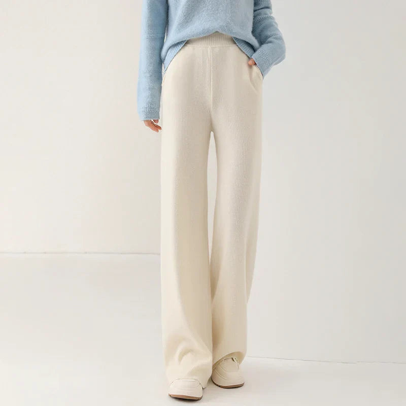 Women's merino wool wide-leg trousers, snug breathable fit, ultra-soft 100% wool fabric