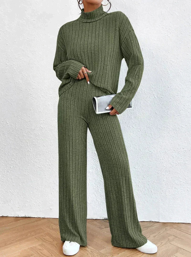 Women's knitted turtleneck and trousers matching set, cozy soft two-piece knit with clean silhouette