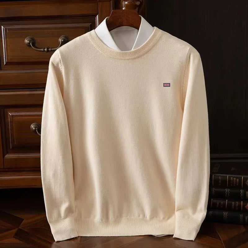 Lightweight crewneck knit sweater in neutral tone, unisex slim fit with smooth ribbed fine-knit texture