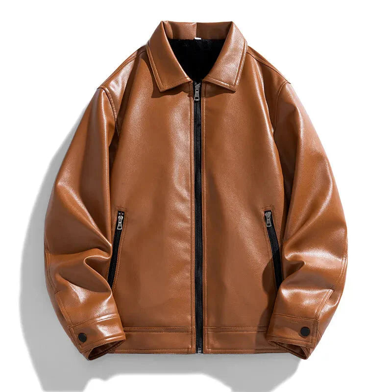 Men's black premium leather bomber jacket relaxed fit hip-length zip front casual style