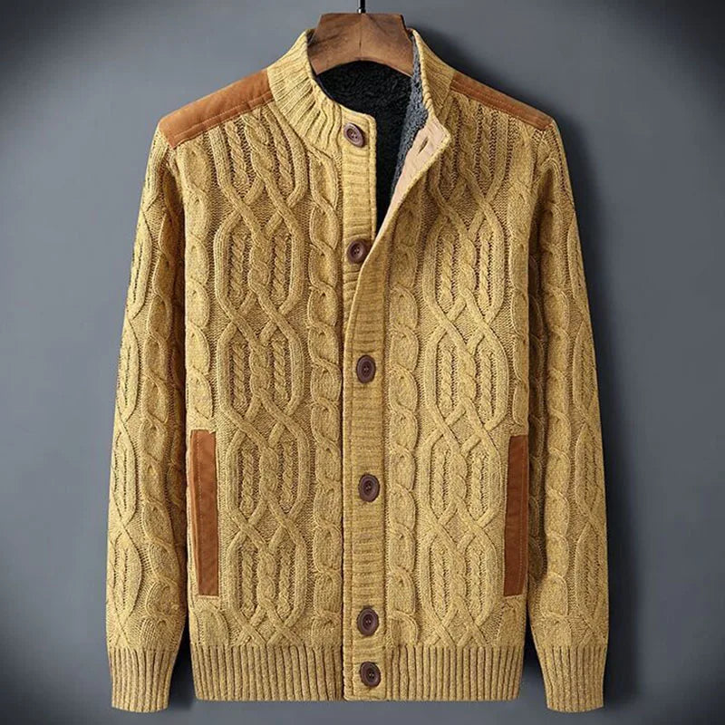 Men's cable knit cardigan sweater, regular fit, stand collar, button front, fleece-lined cozy winter layer