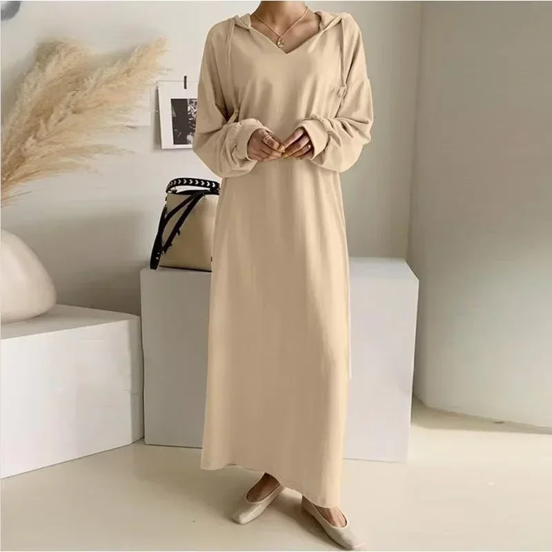Women's gray hooded peplum dress relaxed fit cotton layering essential for autumn winter