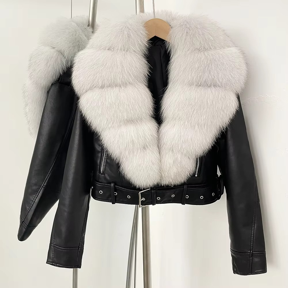 Women's black faux leather coat with faux fur collar, lightweight chic winter style