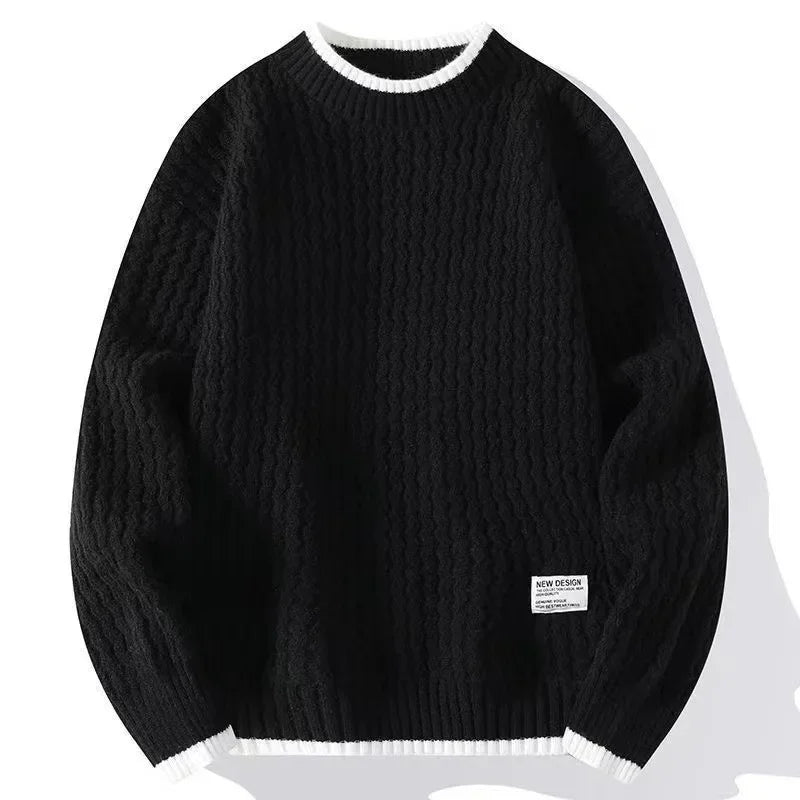 Men's black textured knit sweater with white contrast trim on collar, cuffs, and hem