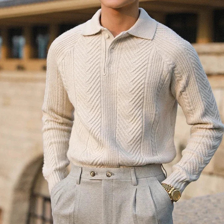 Men's cable-knit polo sweater in classic style with textured pattern and structured polo collar