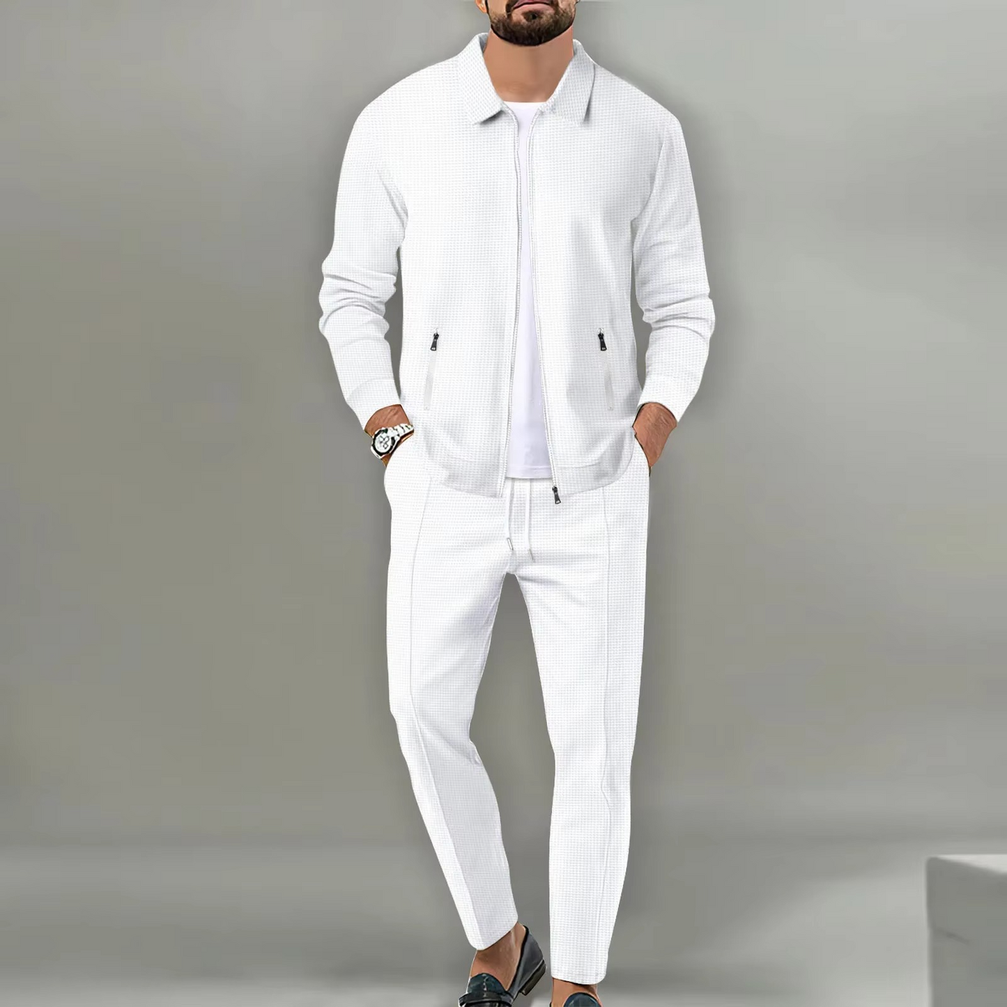 Men's two-piece polo jacket set with matching drawstring pants, long sleeve coordinated loungewear