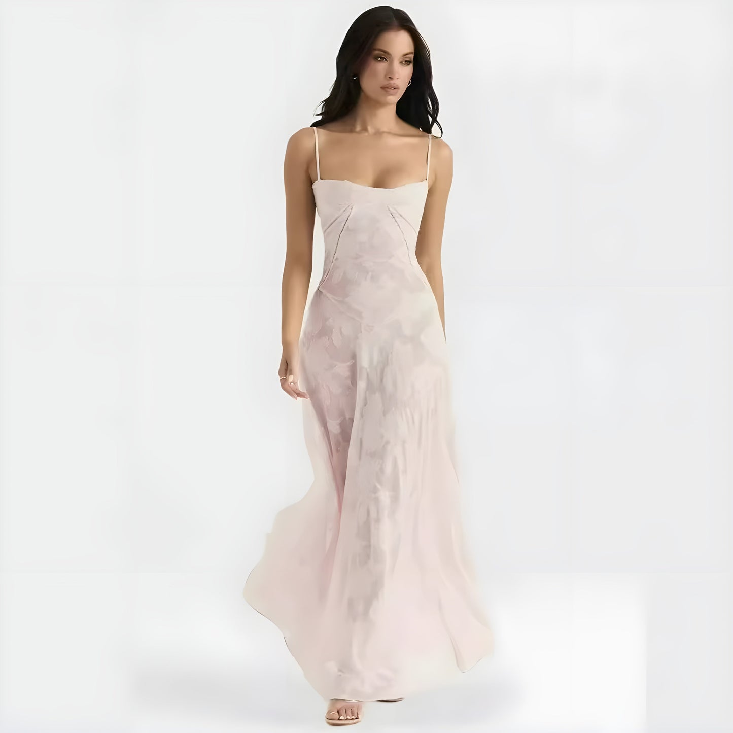 Elegant floral jacquard maxi dress with structured sweetheart bodice in soft neutral tones