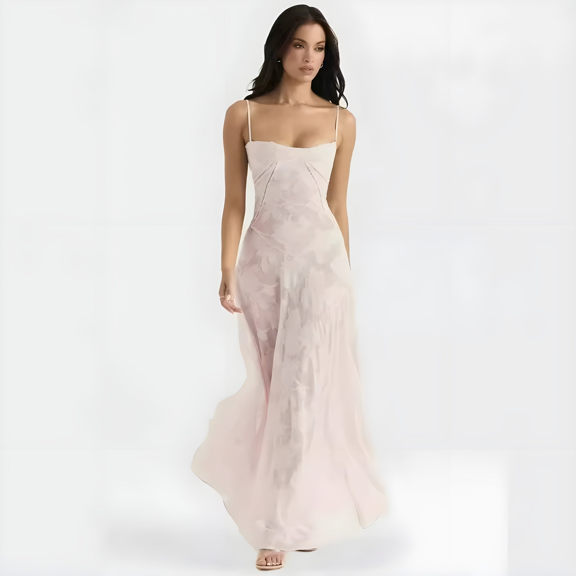 Elegant floral jacquard maxi dress with structured sweetheart bodice in soft neutral tones