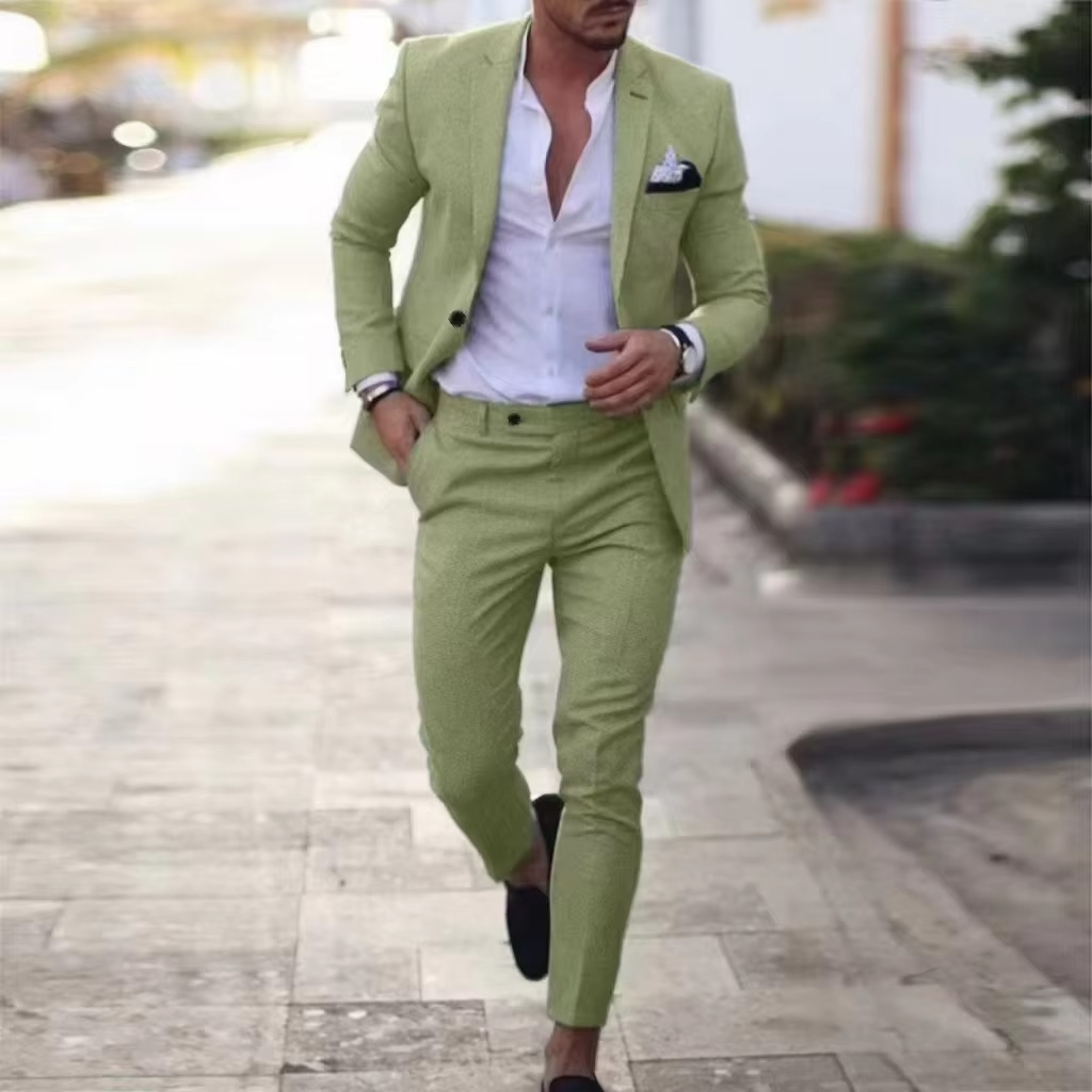 Men's light beige linen two-piece blazer and pants suit set tailored for summer weddings and beach events