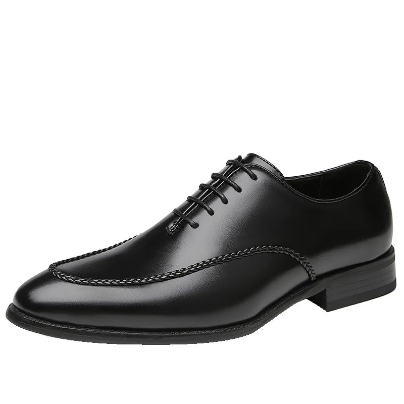 Men's rich brown patent leather Oxford dress shoes with high-gloss finish and sleek silhouette