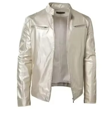 Men's black slim fit PU leather motorcycle jacket with wind-resistant stand collar