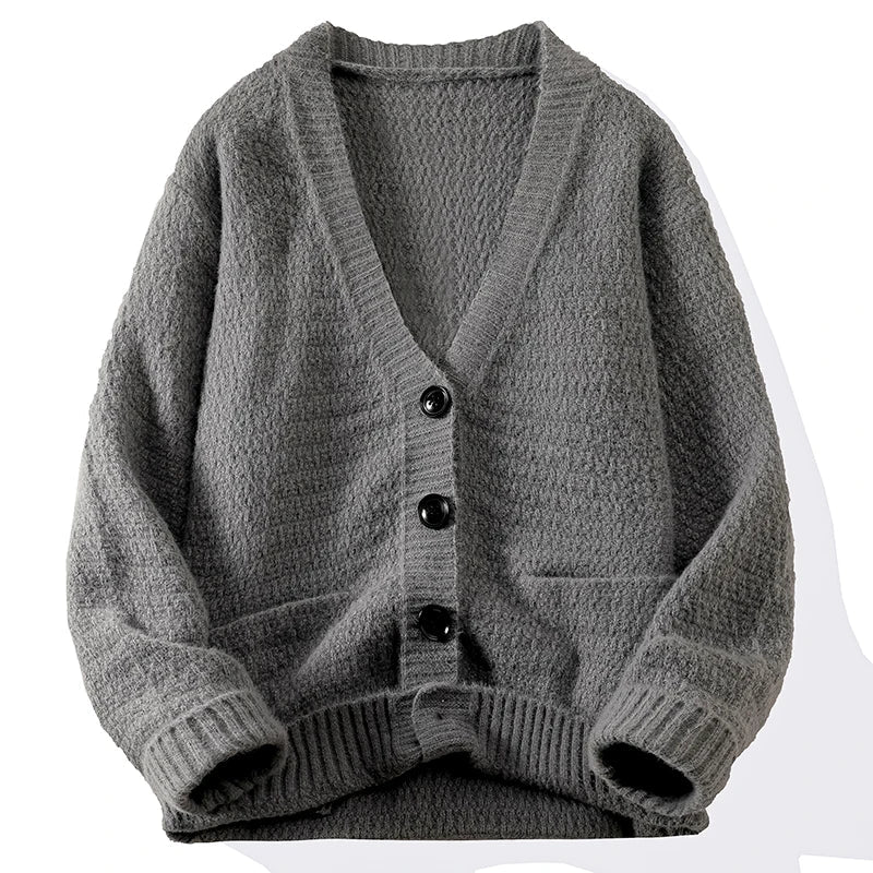 Men's soft knit cardigan relaxed fit deep V-neck chunky button front minimalist layering piece