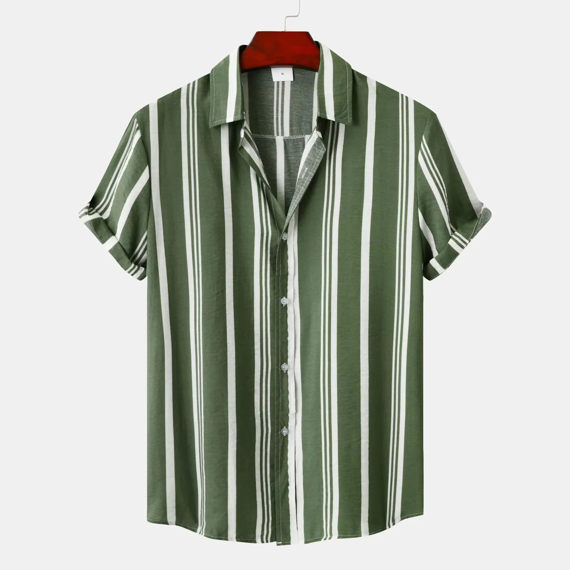 Men's slim fit navy white striped short sleeve shirt breathable cotton poly blend summer casual