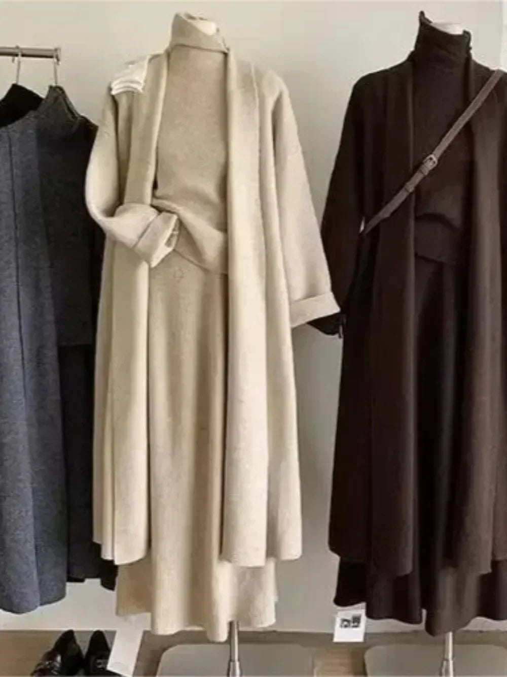 Women's beige knit 3-piece set cardigan waistcoat long skirt cozy autumn winter coordinated outfit