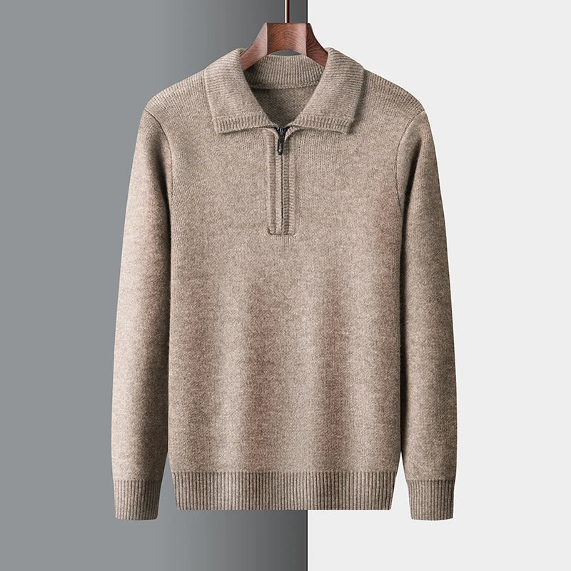 Men's minimalist half-zip knit sweater with stand collar, clean lines for smart-casual layering