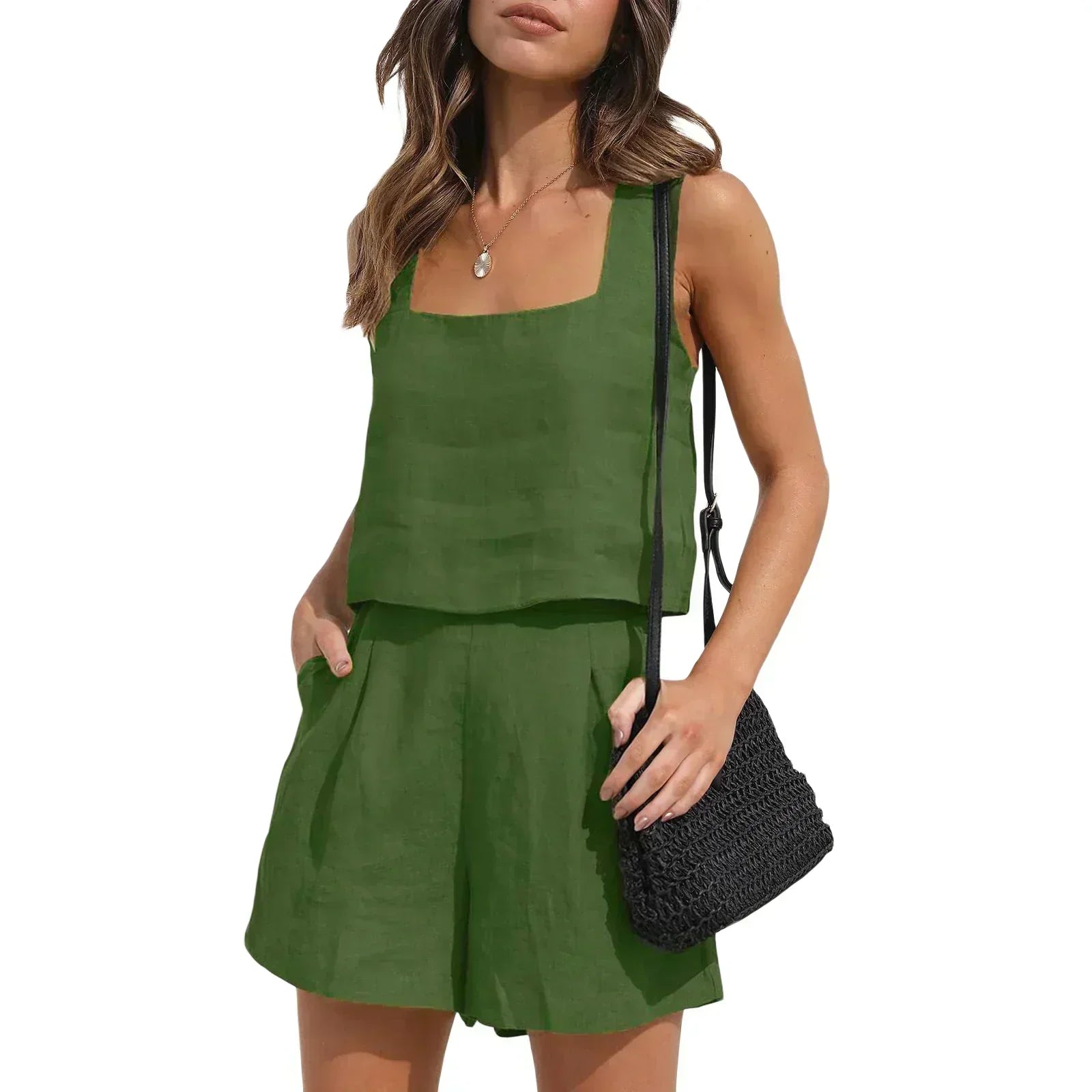 Women's beige linen summer set elegant relaxed fit breathable fabric chic two-piece style