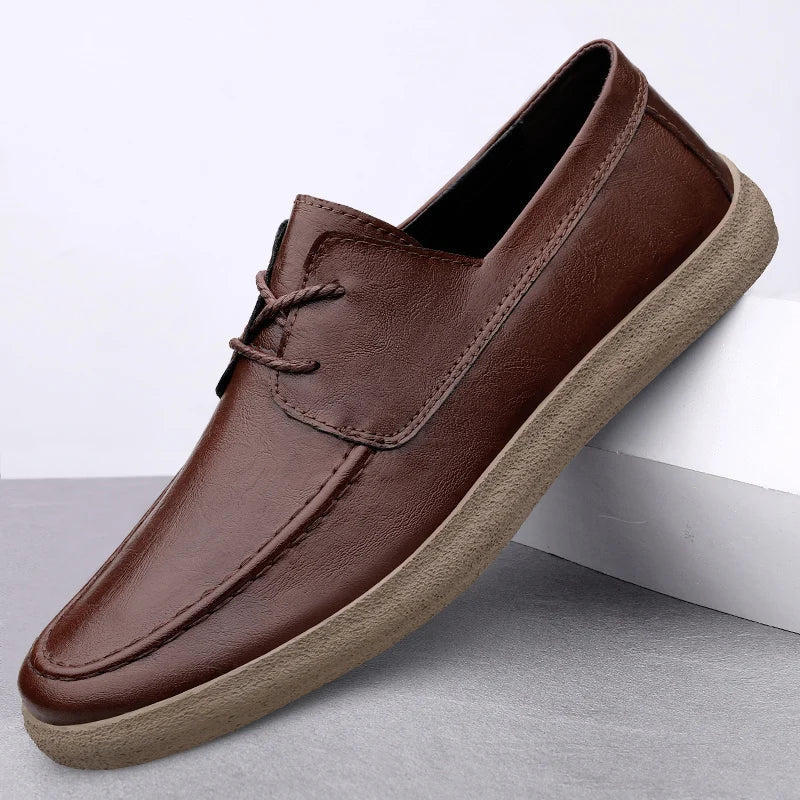 Men's dark brown leather derby loafer open-laced silhouette with cushioned insole and crepe sole