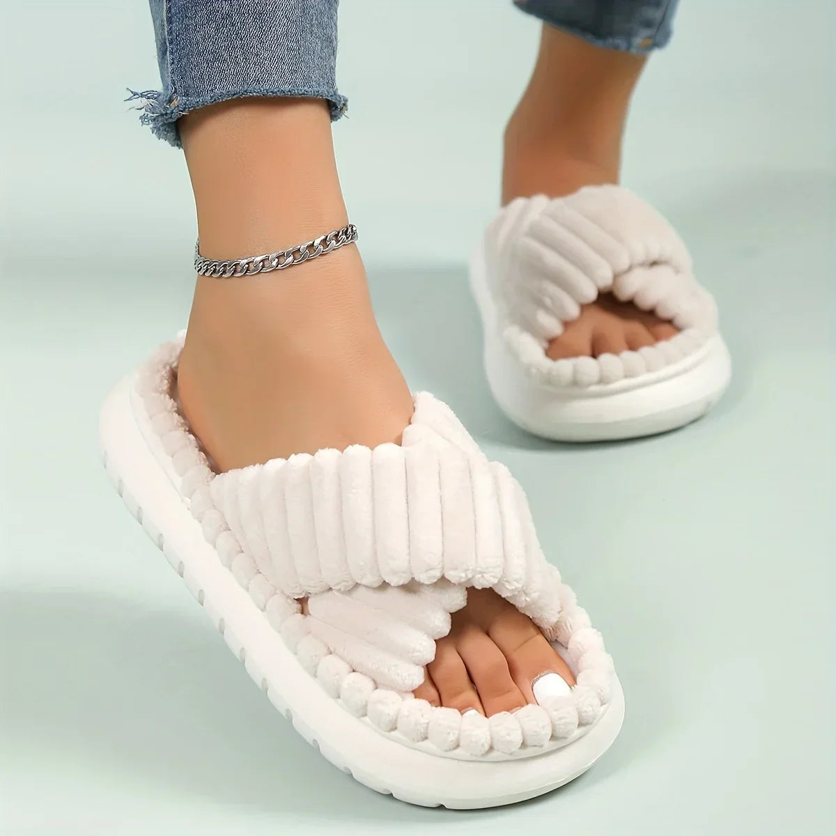 Women's Dakota plush cross-band slide slippers soft velvety cushioned comfort cozy home footwear