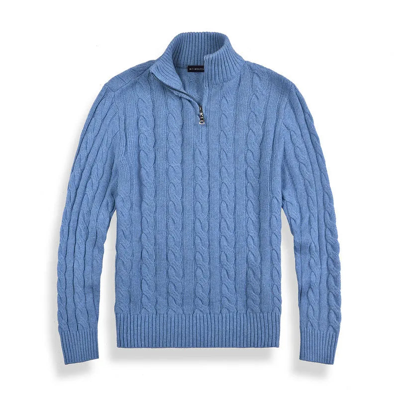 Men's grey cable knit half-zip sweater in breathable cotton blend with classic autumn layering style