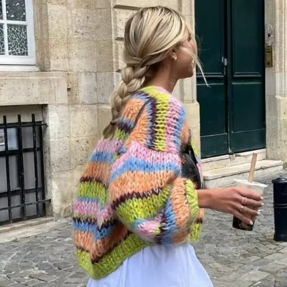 Women's multicolor knitted cardigan relaxed fit cozy layering essential with vibrant pattern