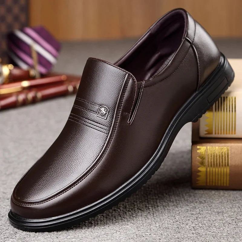 TrendAura Armand men's black leather slip-on dress shoes with cushioned comfort and polished finish