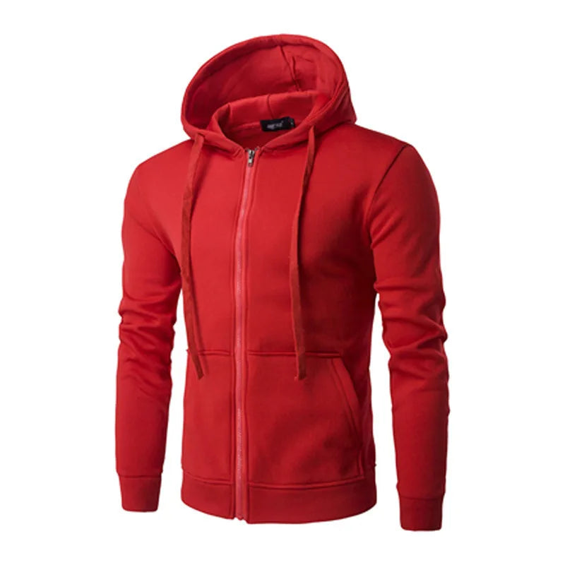 Men's black zip-up street hoodie with full-length zipper, clean urban fit for everyday warmth