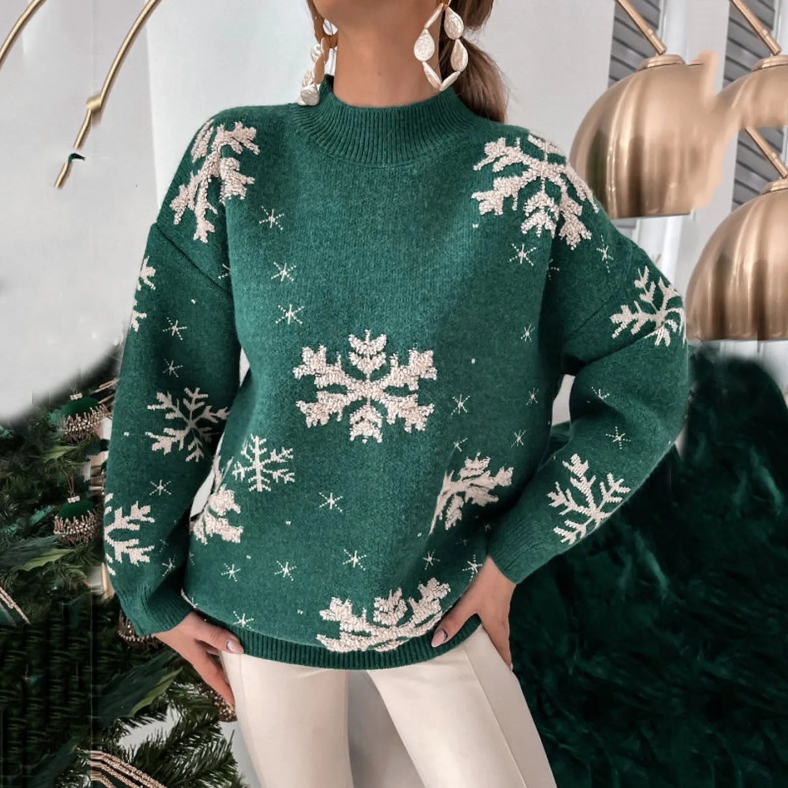 Women's cozy white snowflake Christmas sweater, high collar, soft knit, 90s festive holiday style