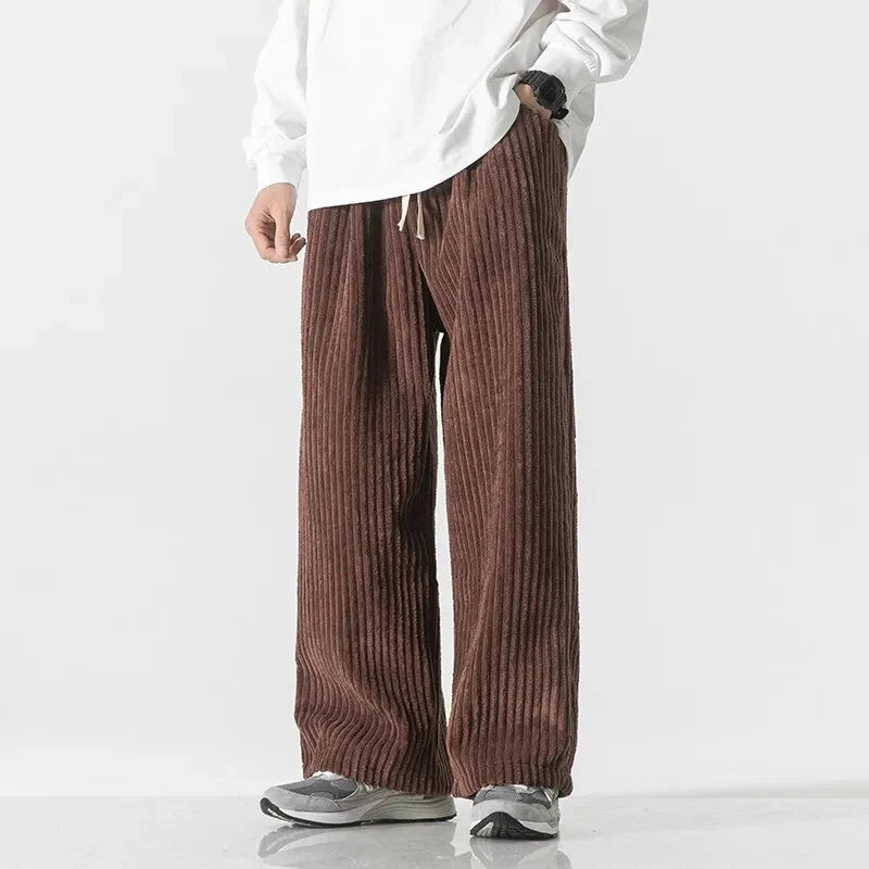 Men's wide leg ribbed gray sweatpants with adjustable drawstring waist and relaxed contemporary fit