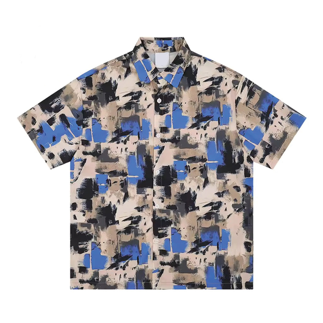 Men's abstract print camp collar button-up shirt in multicolor painterly stain design, breathable cotton-poly blend