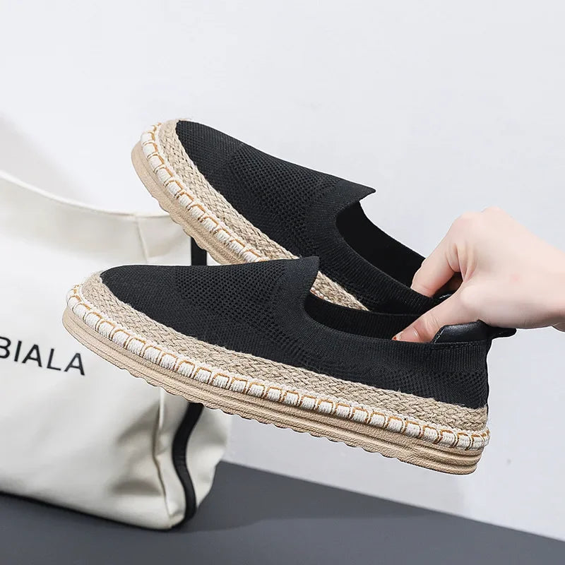 Women's knit espadrilles in neutral tones, lightweight breathable mesh upper with braided jute sole
