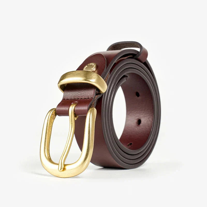Women's brown adjustable leather belt with elegant buckle closure for all-day comfort and classic style