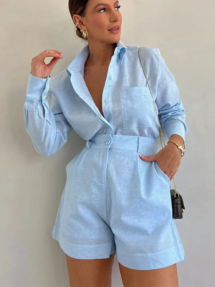 Women's casual two-piece lounge set in soft spring tones, flattering relaxed fit coordinated top and bottom